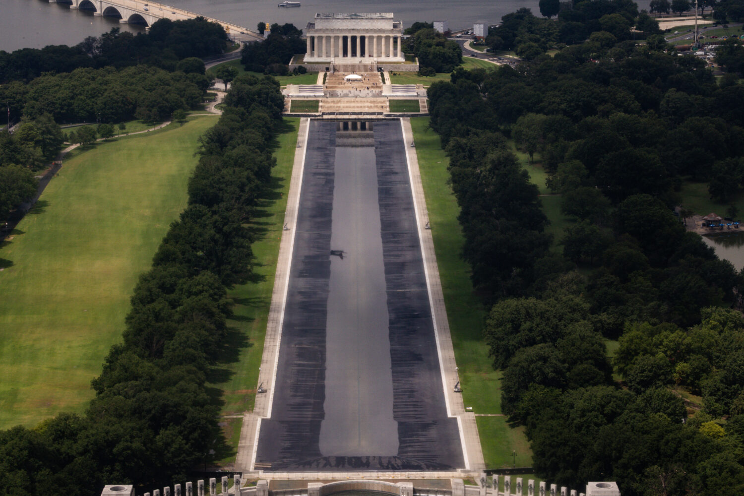The drained Lincoln Memorial Reflecting Pool is photographed from the Washington Monument, Wednesda...