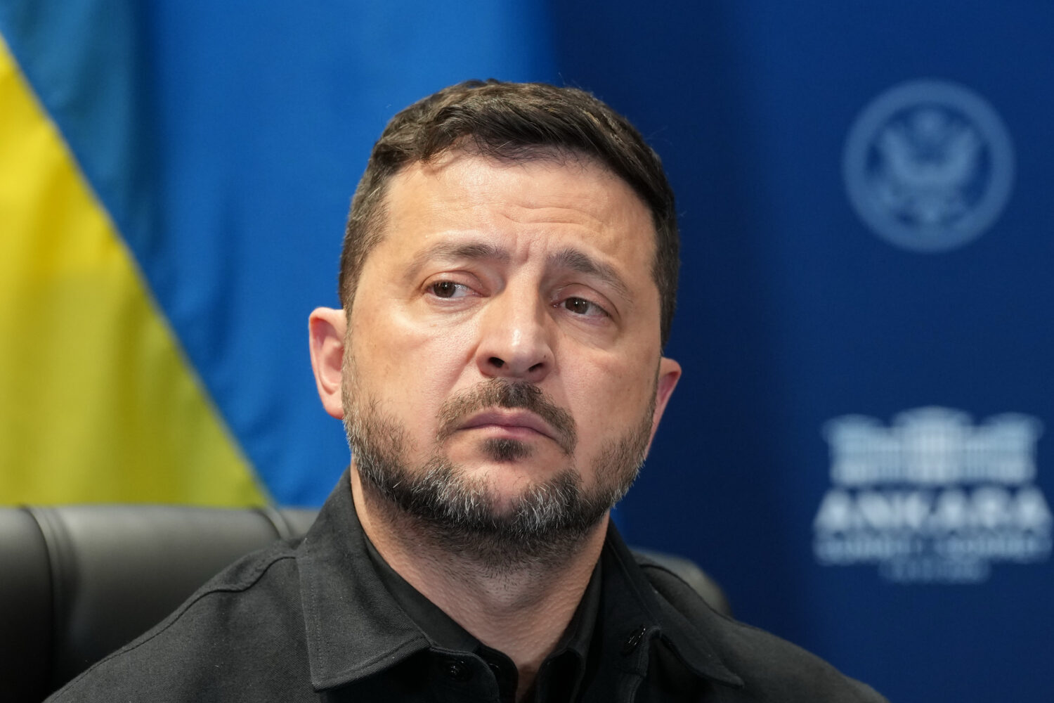 FILE - Ukraine's President Volodymyr Zelenskyy looks on during his meeting with U.S. President Dona...