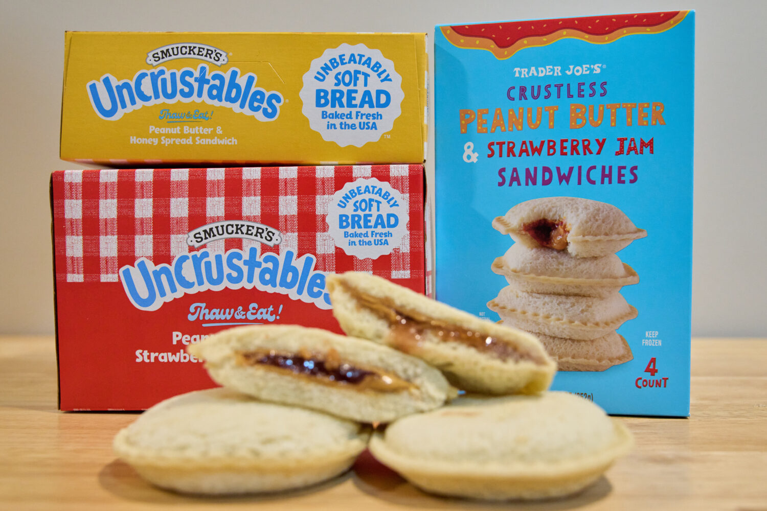 FILE - Crust-less sandwiches from Smucker's and Trader Joe's are displayed on Oct. 15, 2025, in Det...