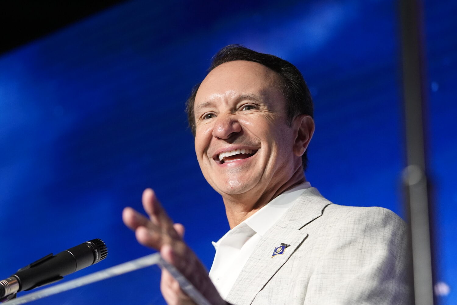 Louisiana Gov. Jeff Landry speaks during an event with SpaceX announcing a deal to build a new spac...