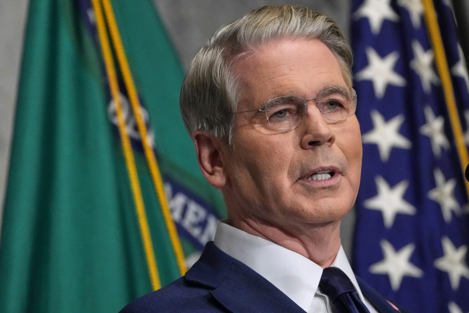 Treasury Secretary Scott Bessent speaks at a news conference, Monday, Aug. 24, 2026, at the Treasur...