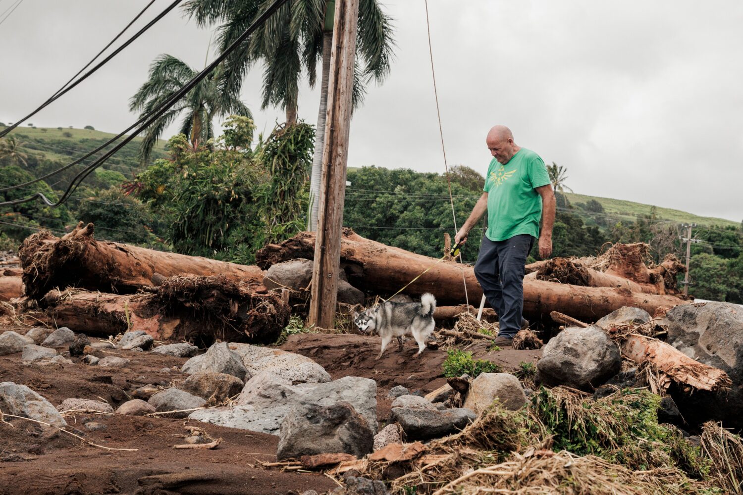 Joe Kennedy walks his dog, Cosmo, near the damaged Punalu'u Bake Shop, where his son works, after H...