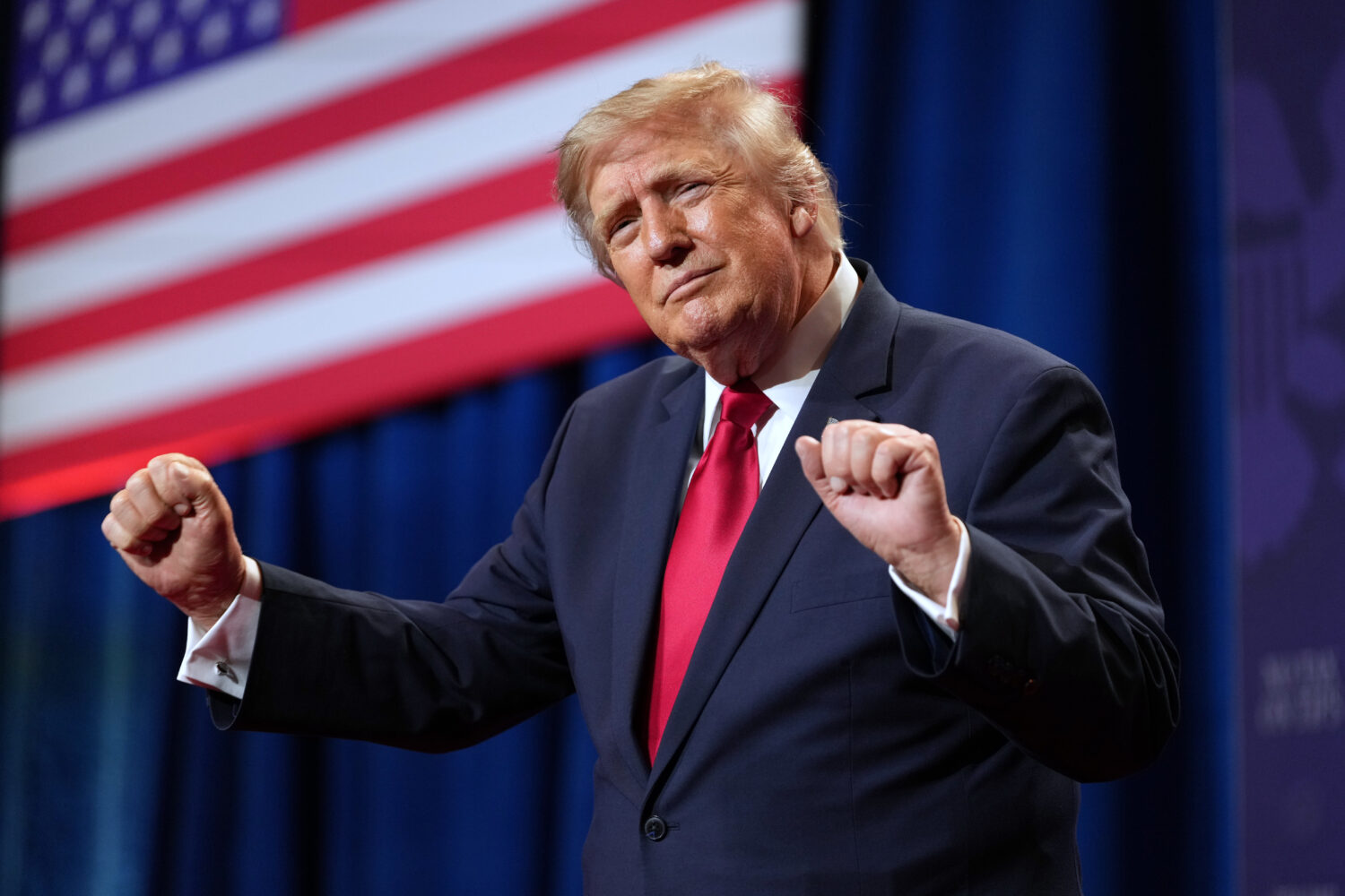 President Donald Trump dances after speaking at an event at the Red Rock Casino Resort and Spa in L...