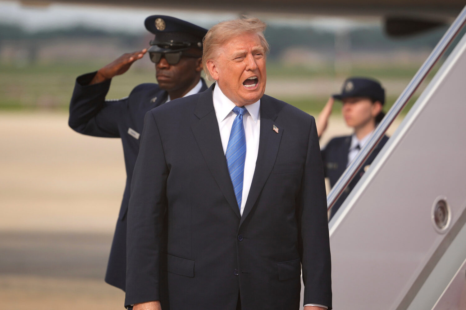 President Donald Trump speaks after arriving on Air Force One, Friday, Aug. 28, 2026, at Joint Base...