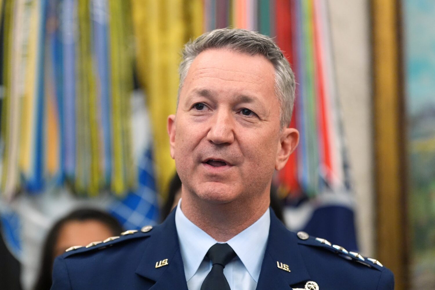 Gen. Dan Caine, chairman of the Joint Chiefs of Staff, speaks during a meeting about military famil...