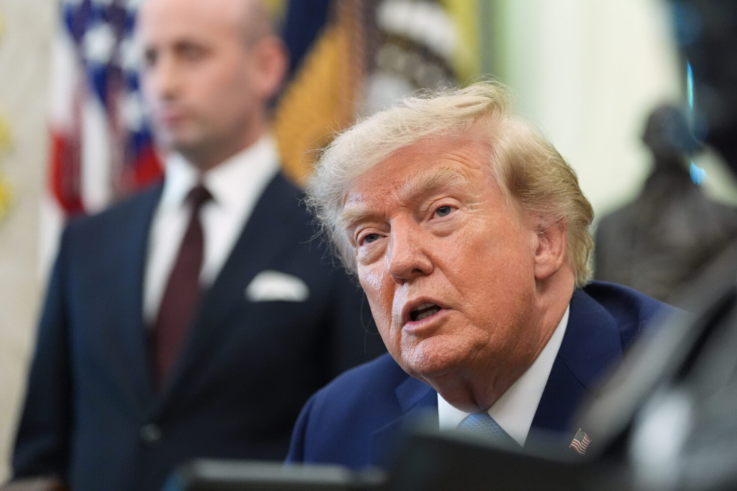 President Donald Trump speaks in the Oval Office of the White House, Thursday, Aug. 6, 2026, in Was...