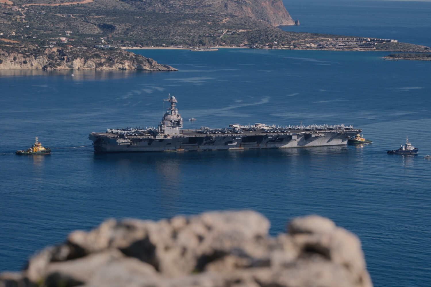 FILE - The USS Gerald R. Ford departs from Souda Naval Base near Chania on the island of Crete, Gre...