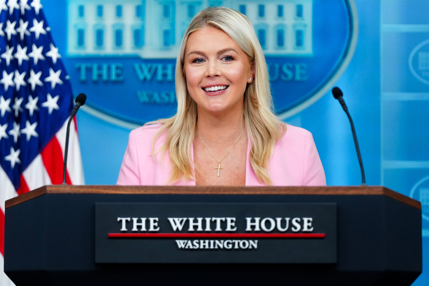 FILE - White House press secretary Karoline Leavitt speaks with reporters in the James Brady Press ...