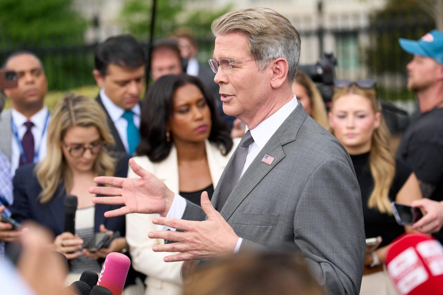 Treasury Secretary Scott Bessent speaks to members of the media outside the White House in Washingt...