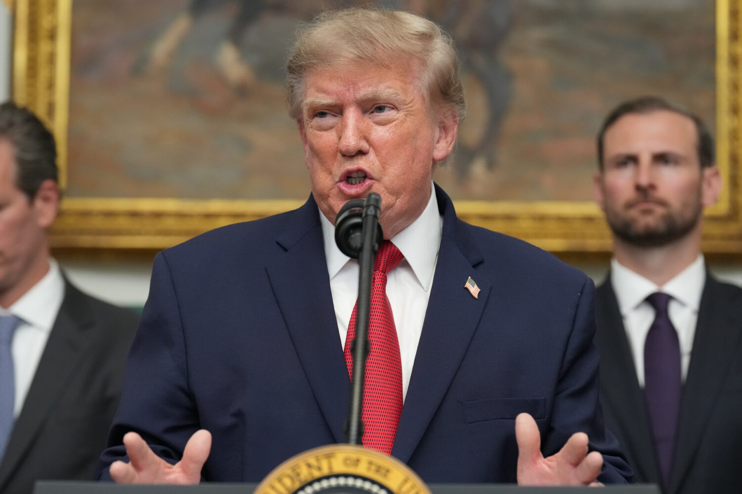 President Donald Trump speaks during a meeting with technology leaders in the Roosevelt Room of the...