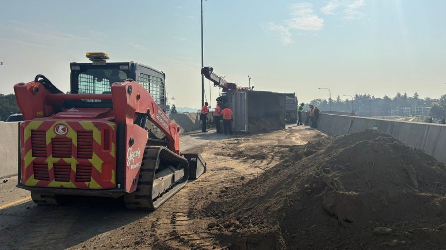 A photo of the overturned dump truck. (Photo courtesy of the Washington State Patrol)...