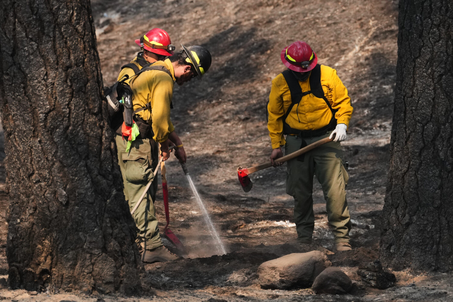 A crew does mop-up work in a burned area of Wyakin Park after a wildfire hit the northern part of S...