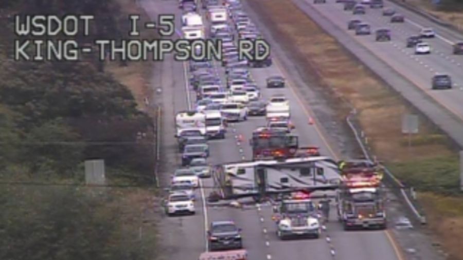 A crash on southbound I-5 near Arlington resulted in a five-mile backup Sunday morning. (Photo: WA ...