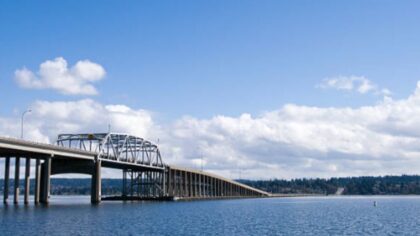 The I-90 floating bridge across Lake Washington. (Photo: Getty Images)...