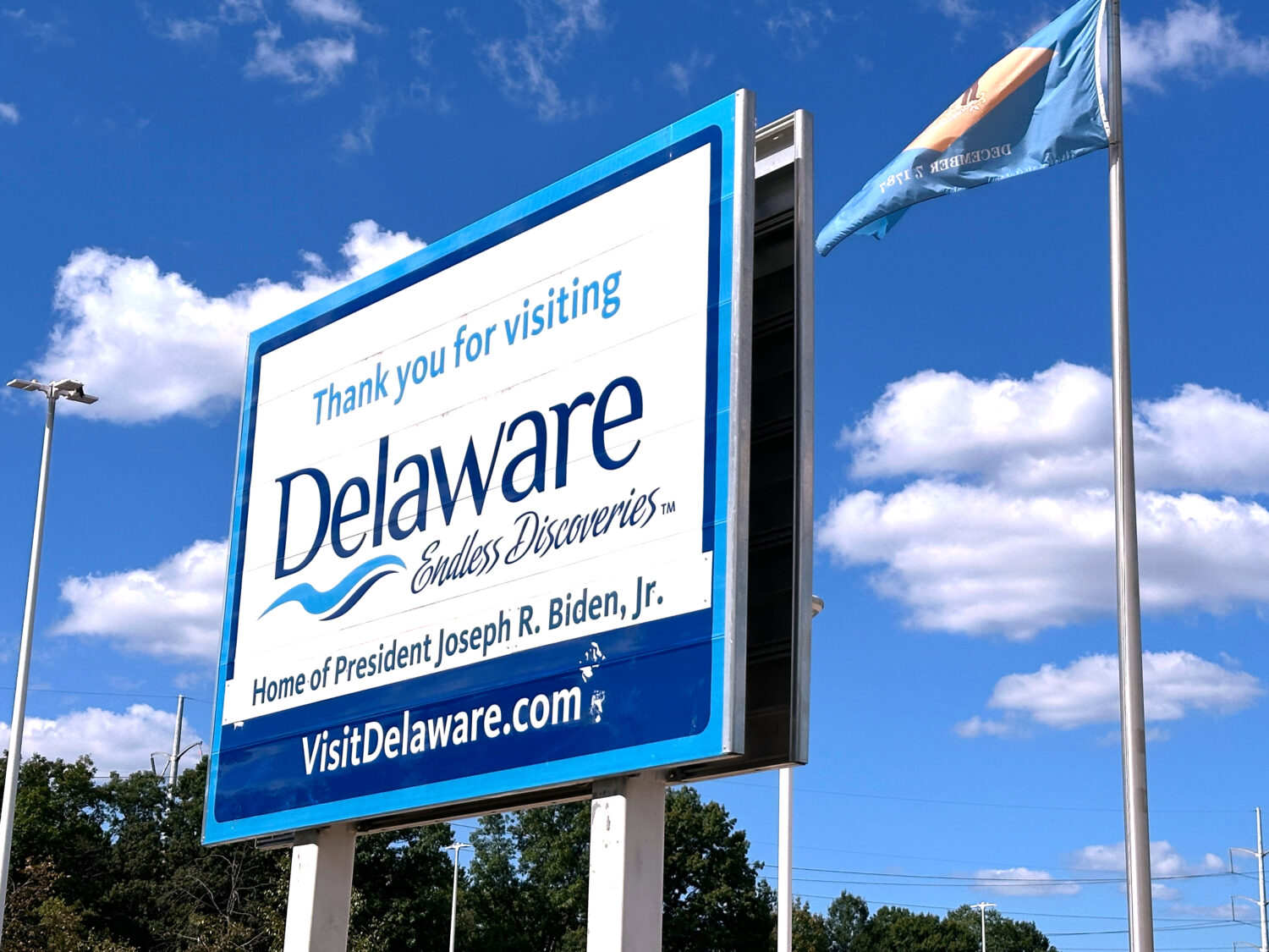 A sign greets visitors at the Biden Welcome Center in Newark, Del., Monday, Sept. 7, 2026. (AP Phot...