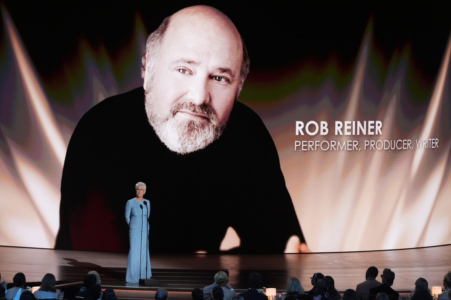 Jamie Lee Curtis pays tribute to Rob Reiner during the 78th Emmy Awards on Monday, Sept. 14, 2026, ...
