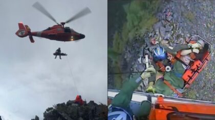A Coast Guard rescue helicopter lifts an injured hiker to safety from Oregon's Three Sisters Wilder...