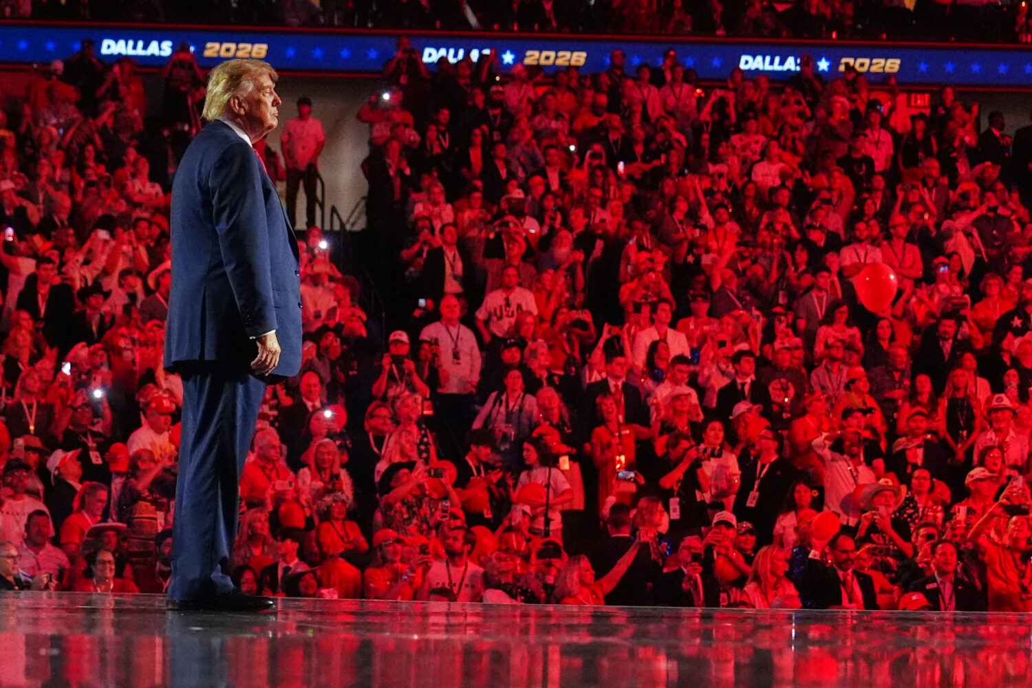 President Donald Trump stands on stage after speaking at the Republican convention, Thursday, Sept....