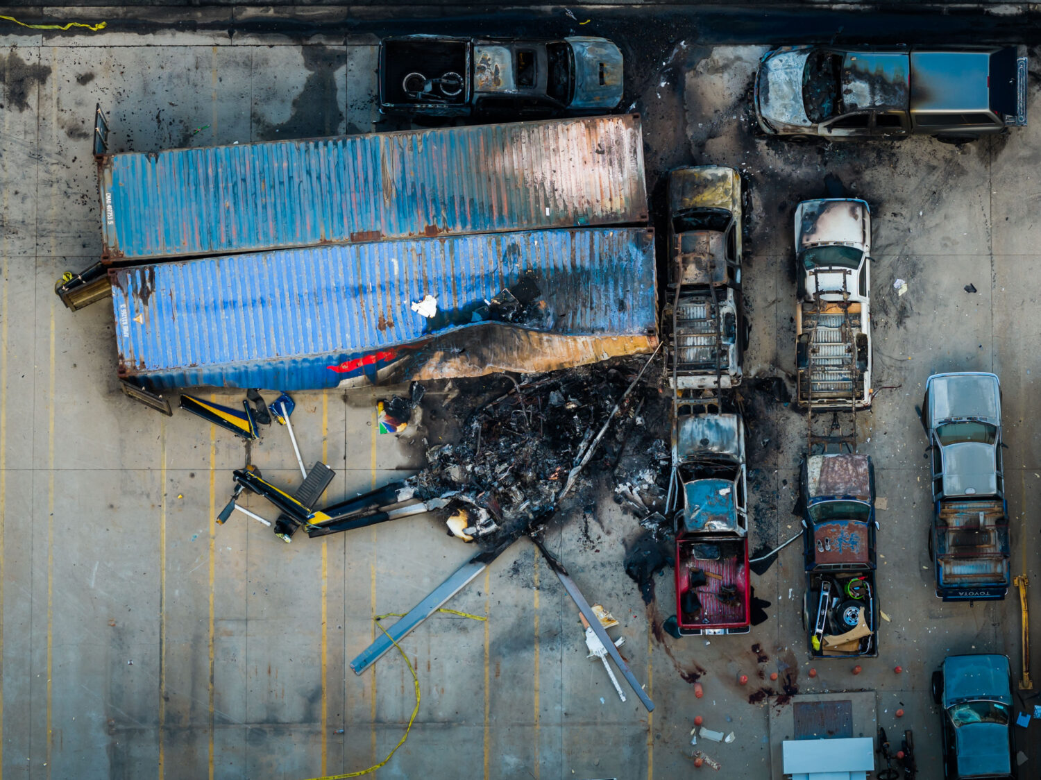 An aerial view of the aftermath of a news helicopter that crashed in Chatsworth, a neighborhood in ...