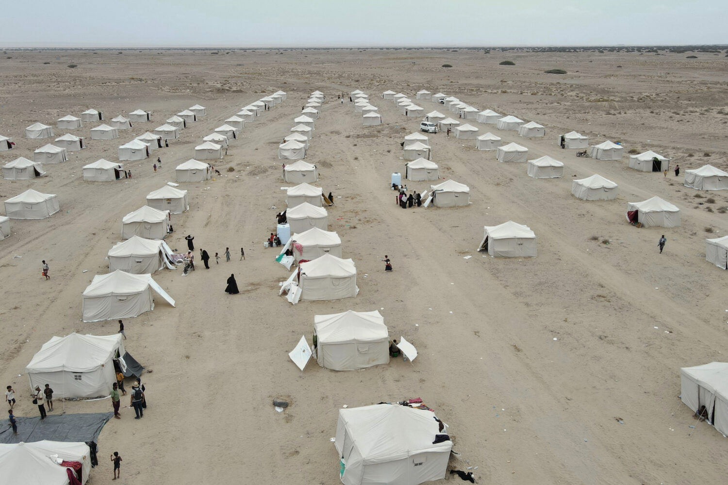 Tents are lined up in the Al-Firdaws camp for displaced Yemenis in Ras Imran, on the western outski...