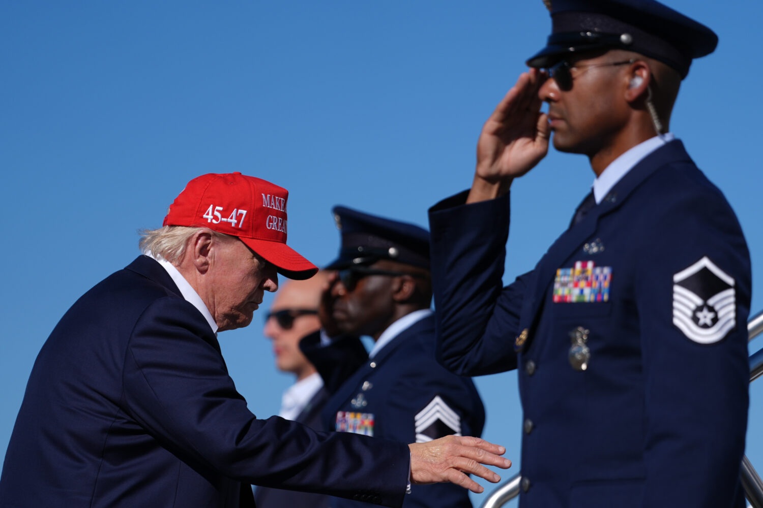 President Donald Trump boards Air Force One at Morristown Airport, Monday, Sept. 7, 2026, in Morris...