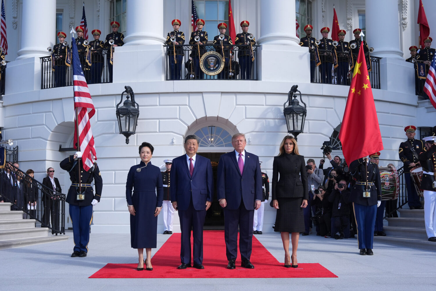 President Donald Trump, center right, and first lady Melania Trump, right, greet China's President ...