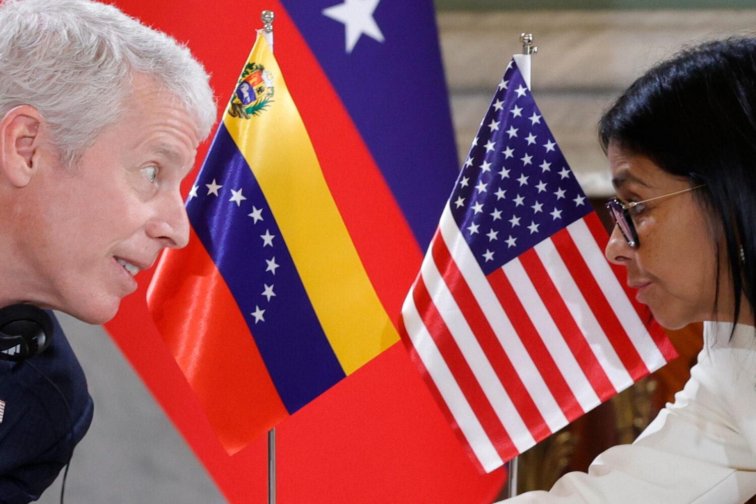 U.S. Energy Secretary Chris Wright, left, meets with Venezuelan acting President Delcy Rodriguez at...