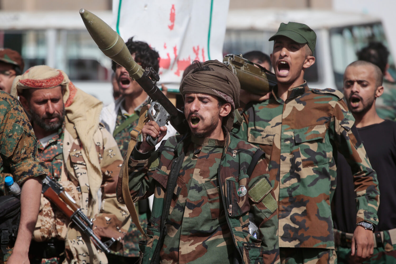 Yemen's Houthi rebels march during a mobilization campaign in Sanaa, Yemen, Thursday, Sept. 10, 202...