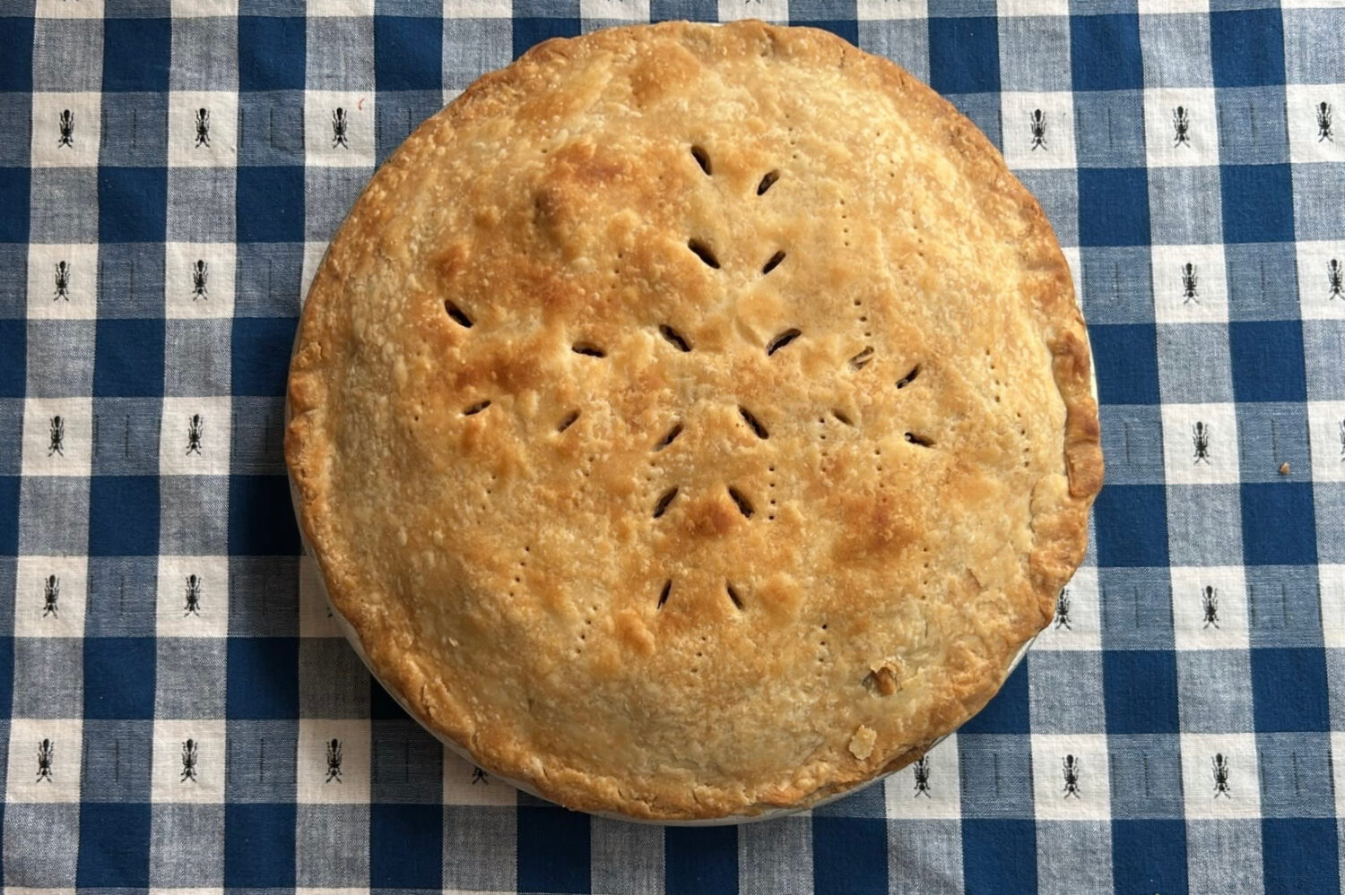 A freshly baked apple pie sits on a tablecloth in Marlborough, Massachusetts on June 26, 2026. (AP ...