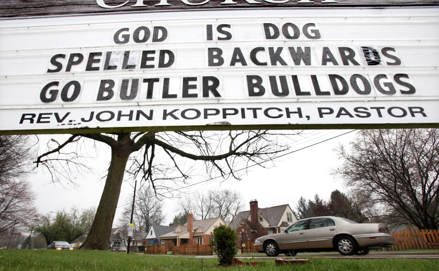 FILE — A sign on the outside of the Fairview Presbyterian Church on the edge of the Butler Univer...