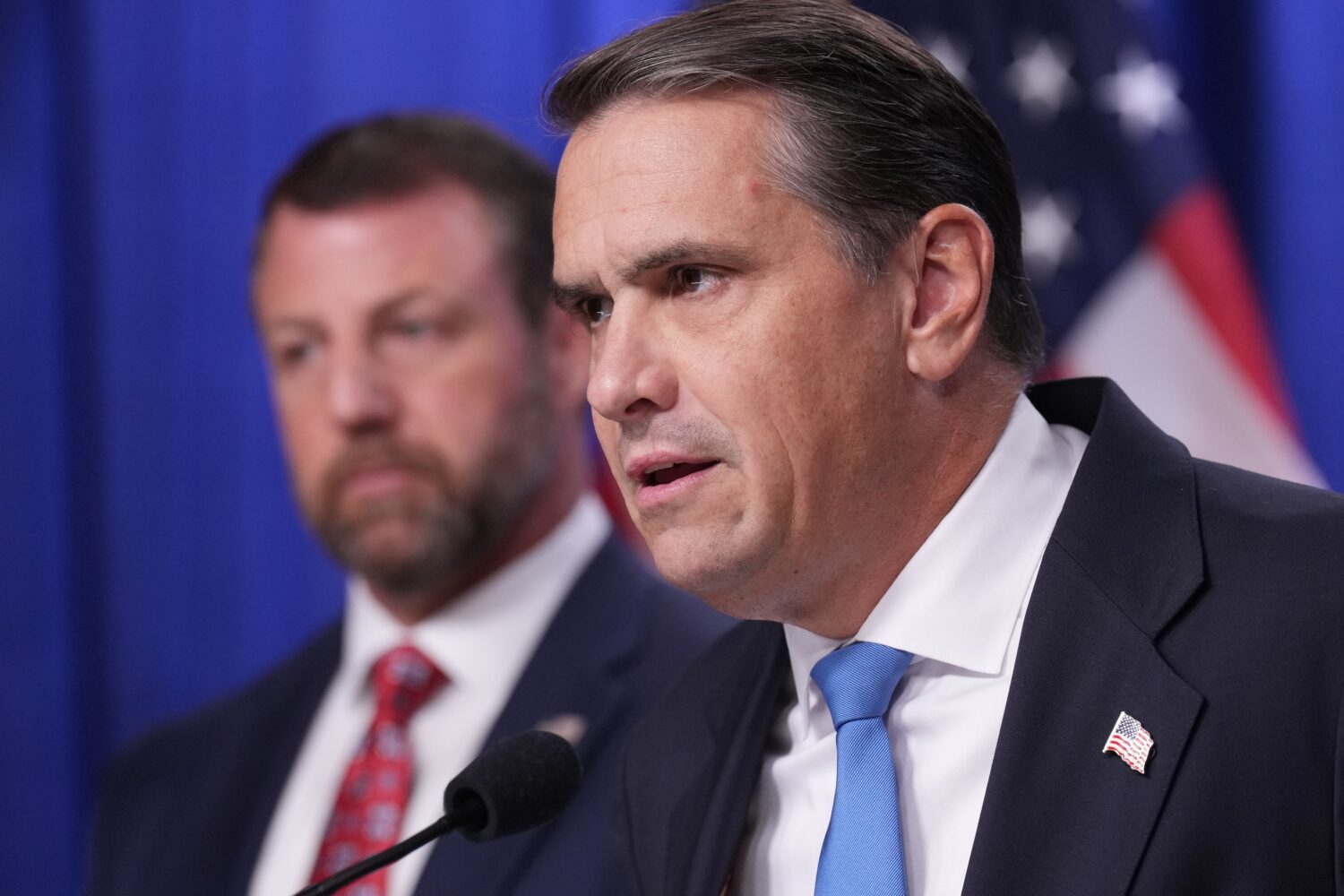 Attorney General Todd Blanche speaks during a news conference at the Department of Justice, Wednesd...