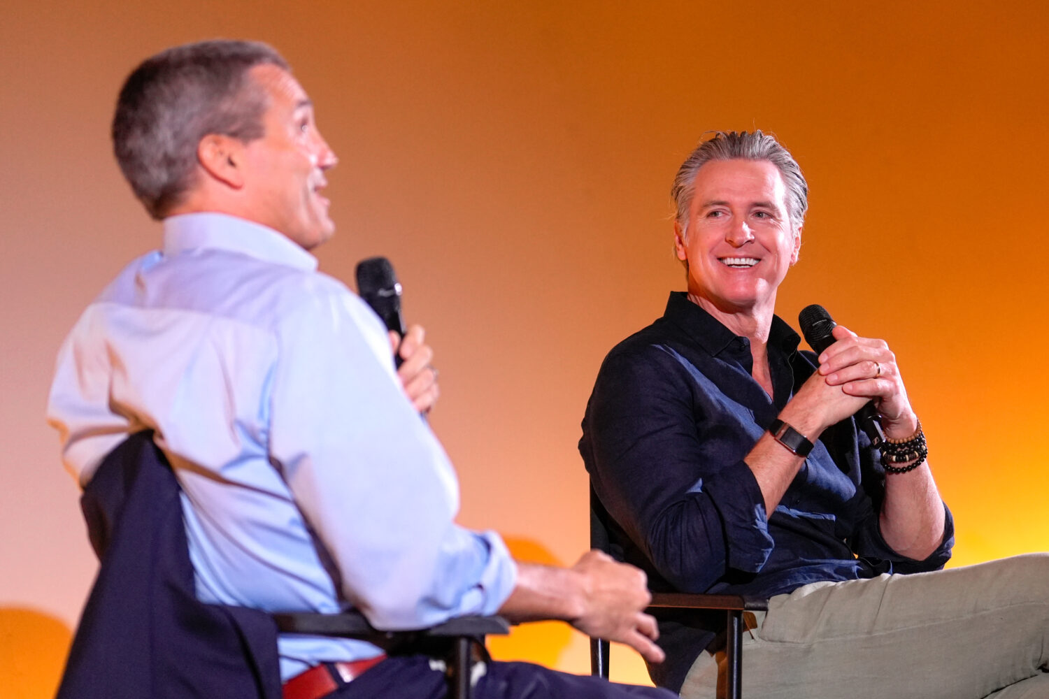 California Gov. Gavin Newsom, right, discusses environmental issues with Wade Crowfoot, head of the...