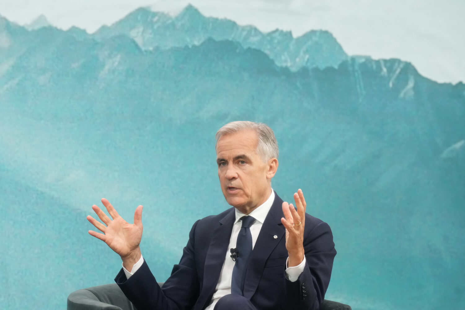 Prime Minister Mark Carney speaks during a fireside chat with the Chief Executive Officer of PSP In...