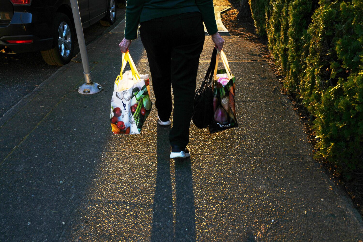FILE - A woman carries reuable shopping bags to her car March 16, 2026, in Portland, Ore. (AP Photo...