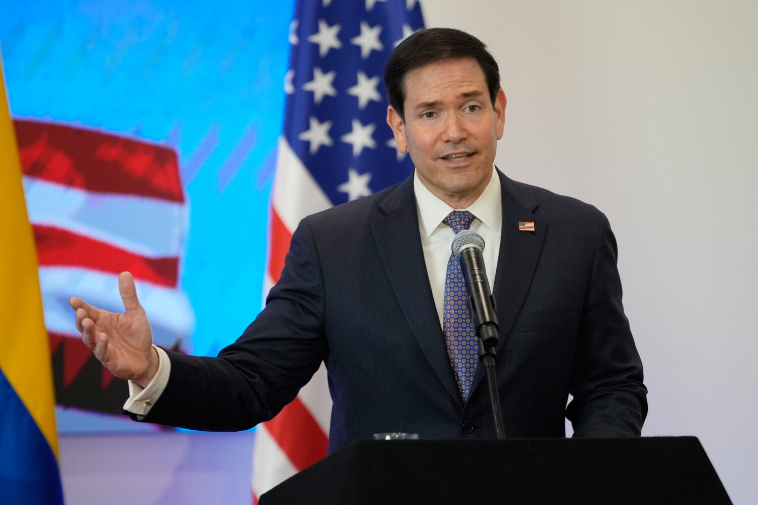 U.S. Secretary of State Marco Rubio speaks during a bilateral agreements signing ceremony in Barran...