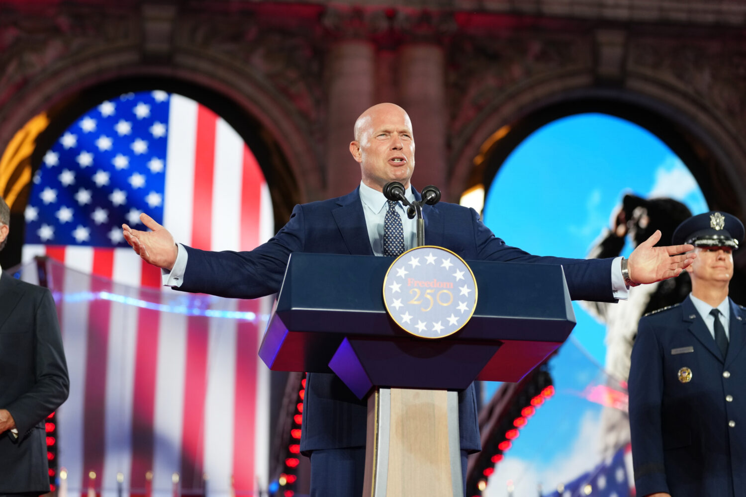 U.S. Ambassador to NATO Matthew Whitaker addresses the audience during the America 250 event in Bru...