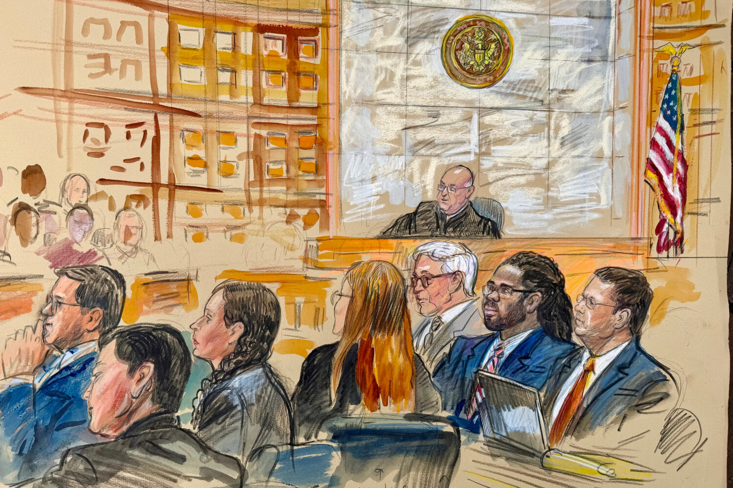 This courtroom sketch depicts Trayon White, Sr., second from right, with defense attorneys Bruce Se...