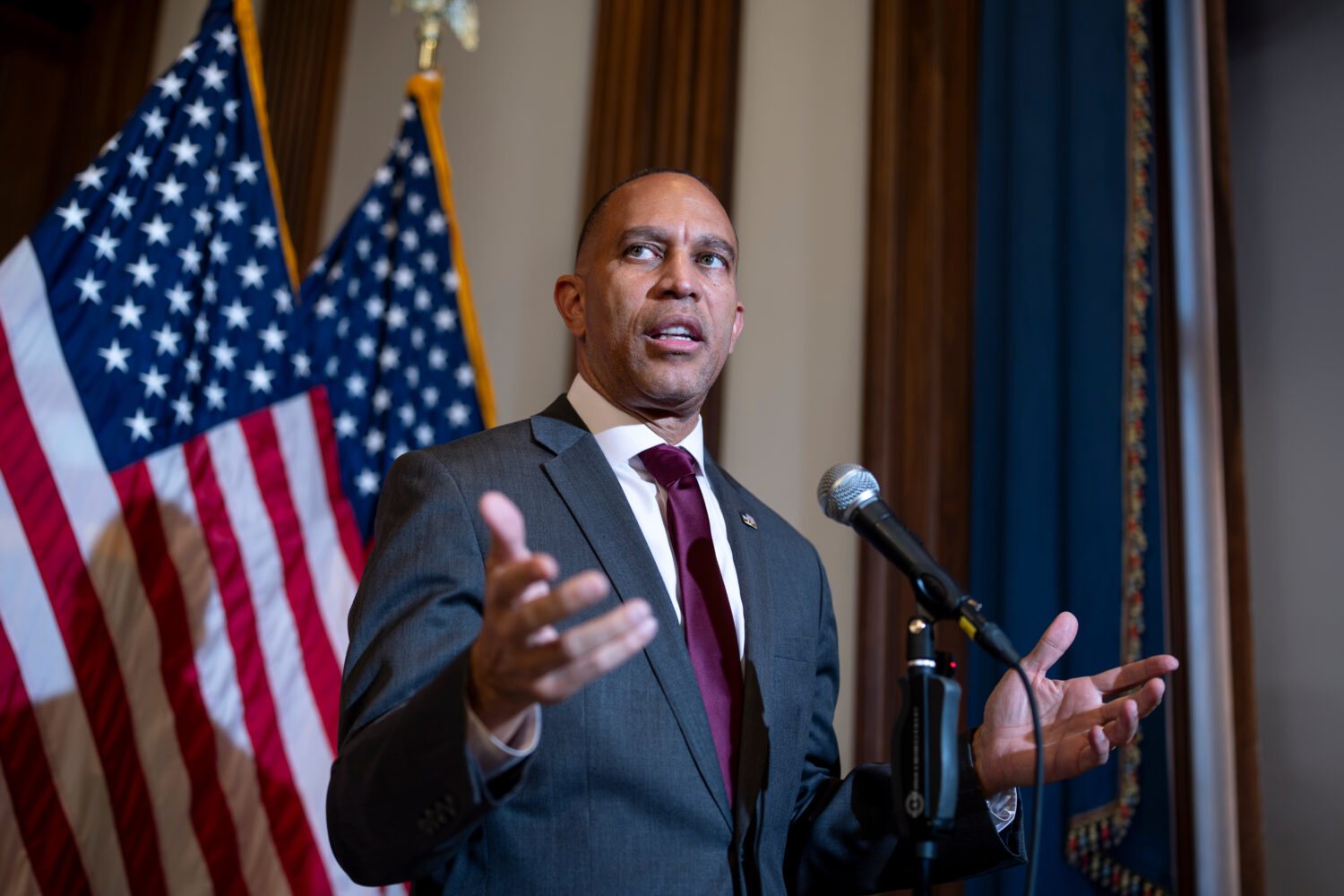 House Minority Leader Hakeem Jeffries, D-N.Y., talks about the policies of President Donald Trump a...