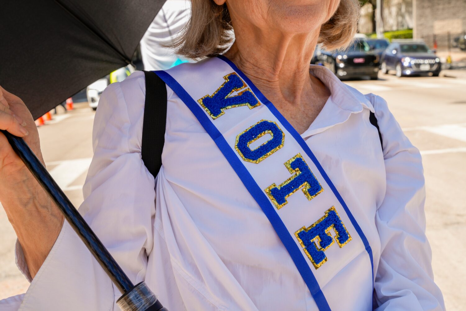 Protestor, Linda James, poses for photo with her "VOTE" sash at the Dallas March on the RNC Midterm...