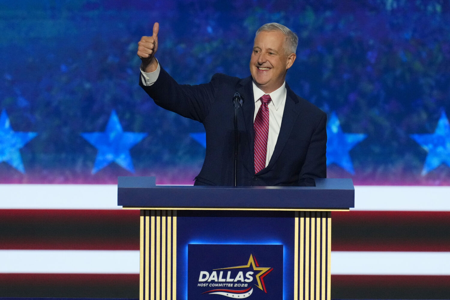 Michael Whatley, North Carolina senatorial candidate, greets delegates as he takes the stage at the...