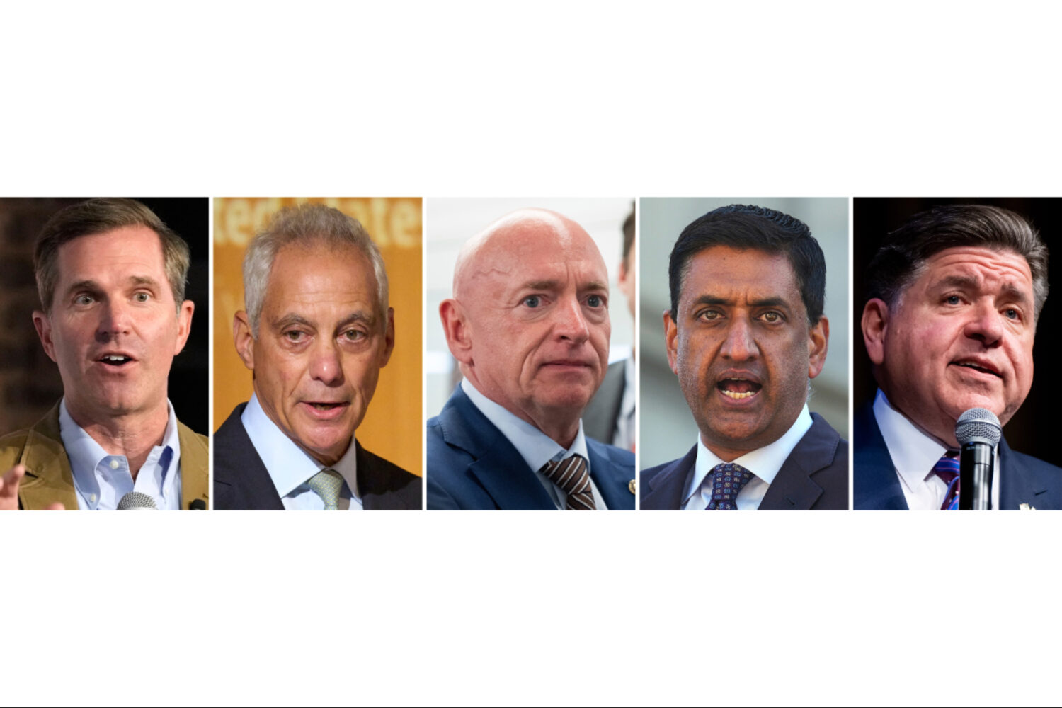 This combination photo shows Kentucky Gov. Andy Beshear, from left, Rahm Emanuel, Sen. Mark Kelly, ...
