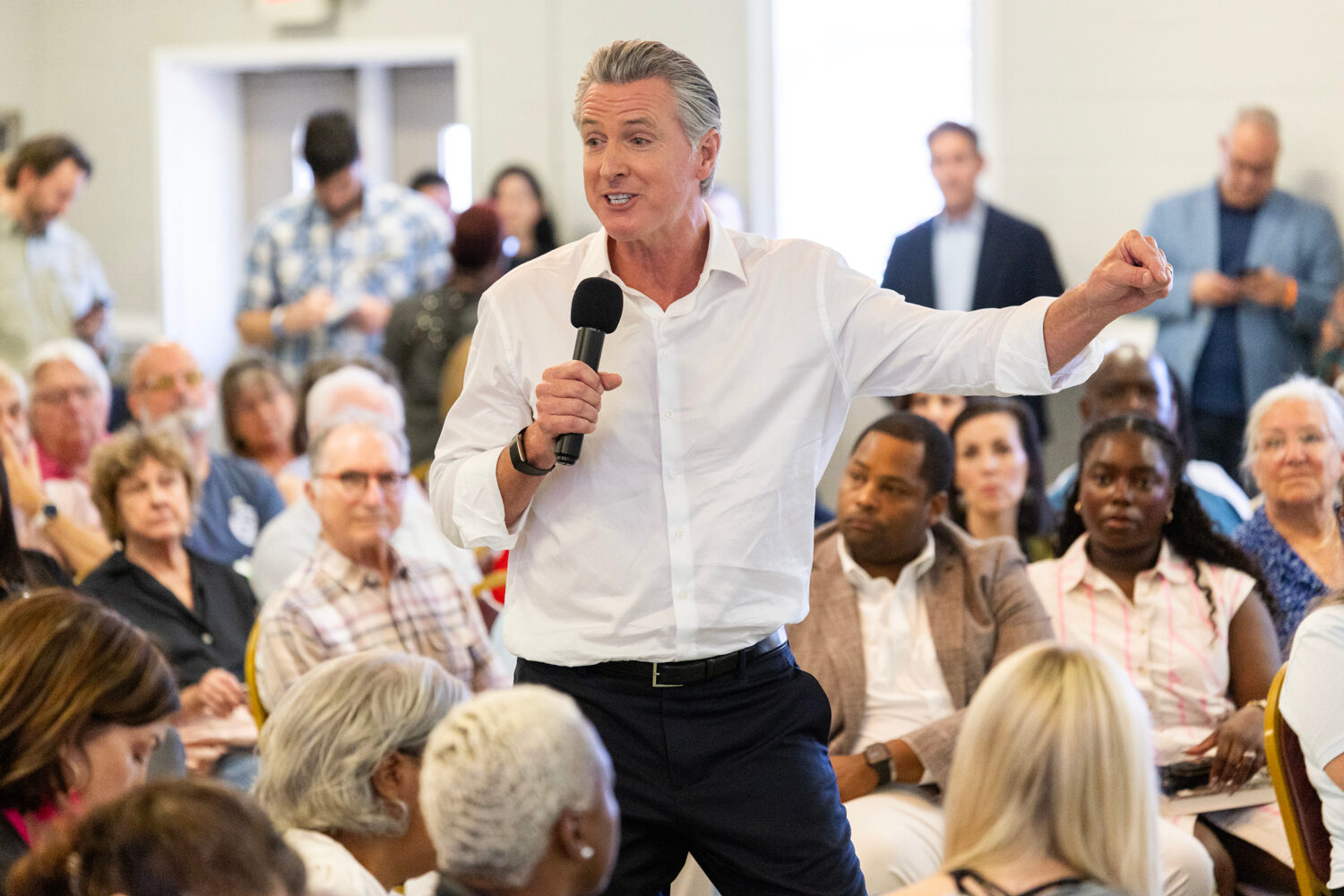 California Gov. Gavin Newsom speaks to supporters during a campaign event at the Brookland-Lakeview...