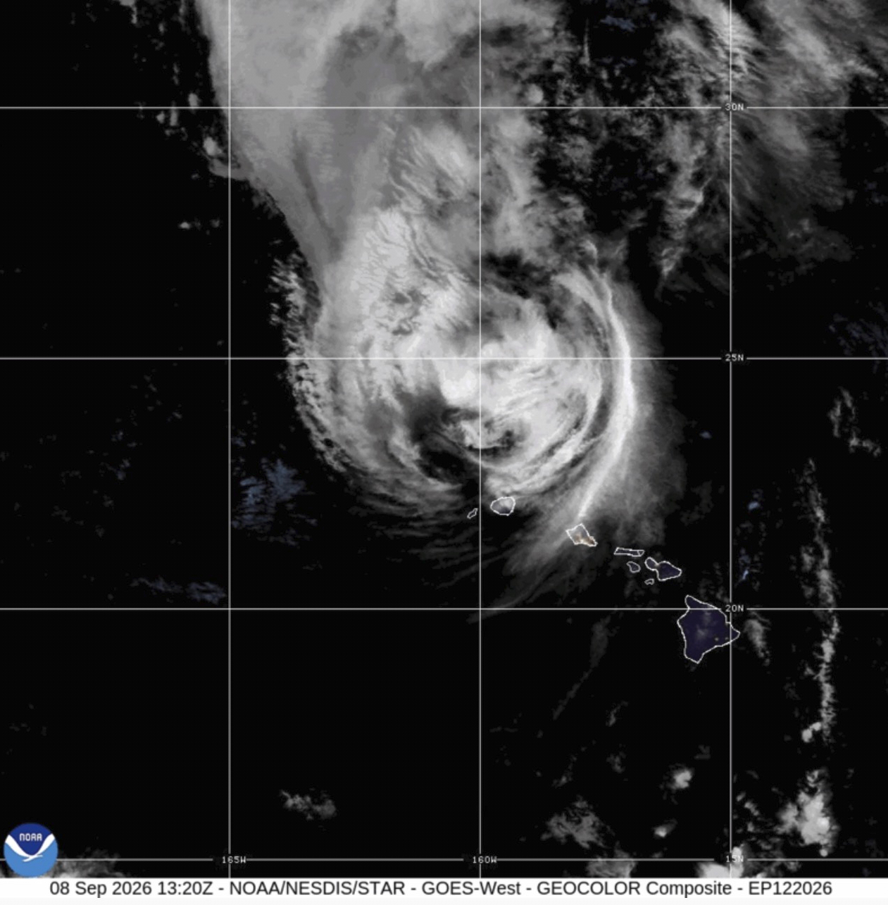 This satellite image provided by NOAA shows Hurricane Lowell near Hawaii on Tuesday, Sept. 8, 2026....