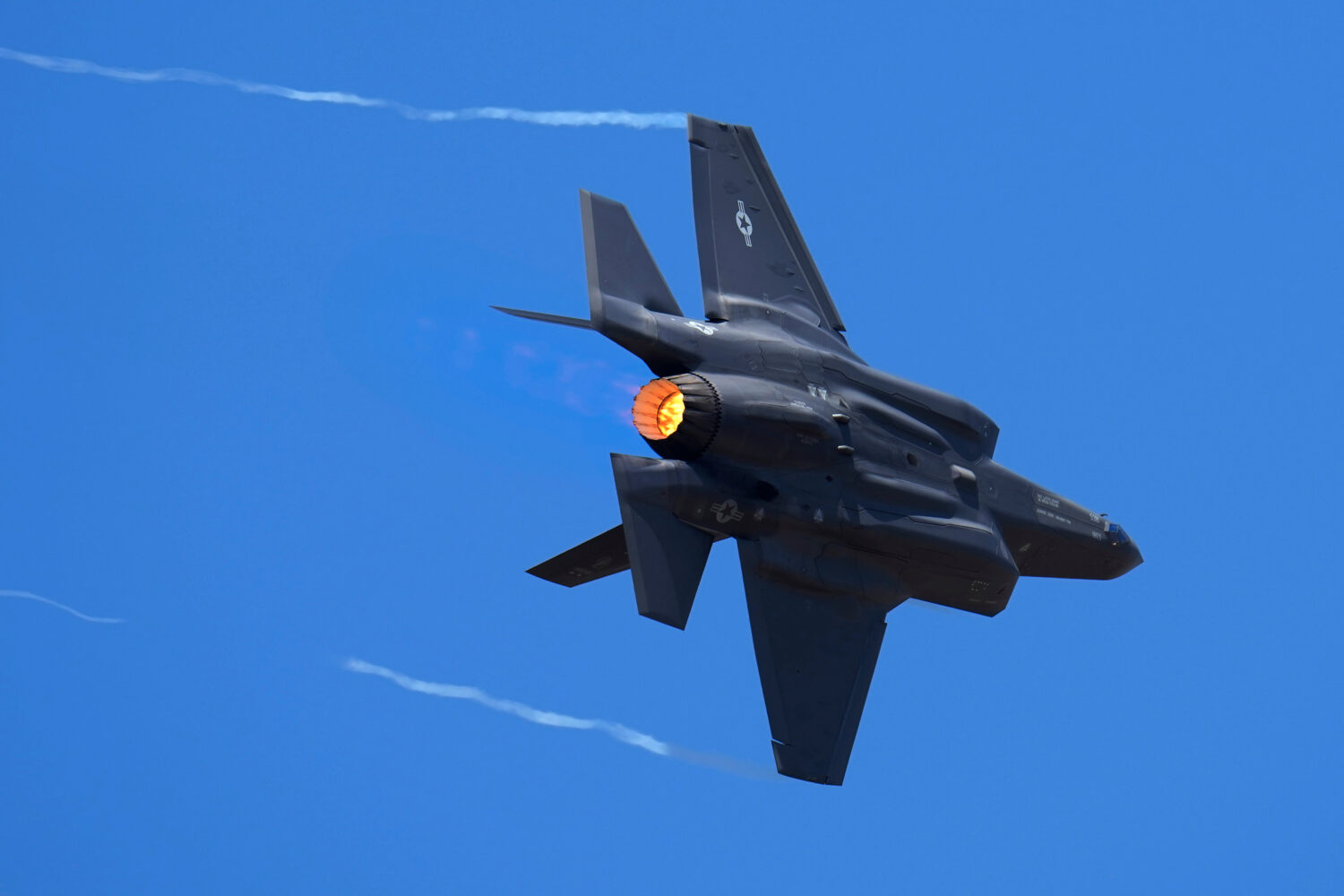 FILE - U.S. Air Force fighter aircraft F-35 performs aerobatic maneuvers on the second day of the A...
