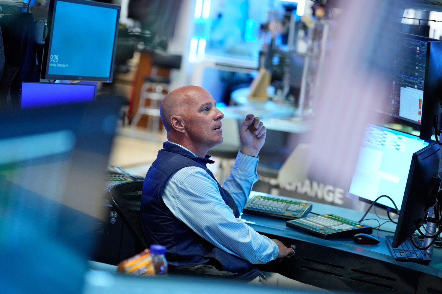 John O'Hara works on the floor at the New York Stock Exchange in New York, Monday, Sept. 14, 2026. ...