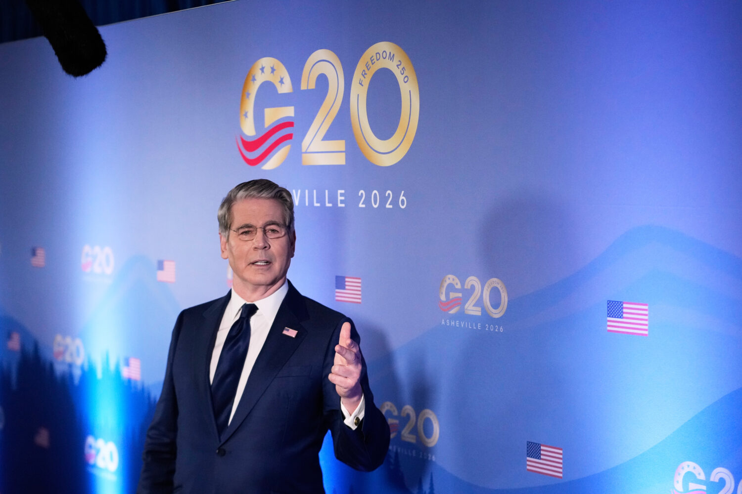 Treasury Secretary Scott Bessent speaks to reporters at the G20 Finance Ministerial in Asheville, N...