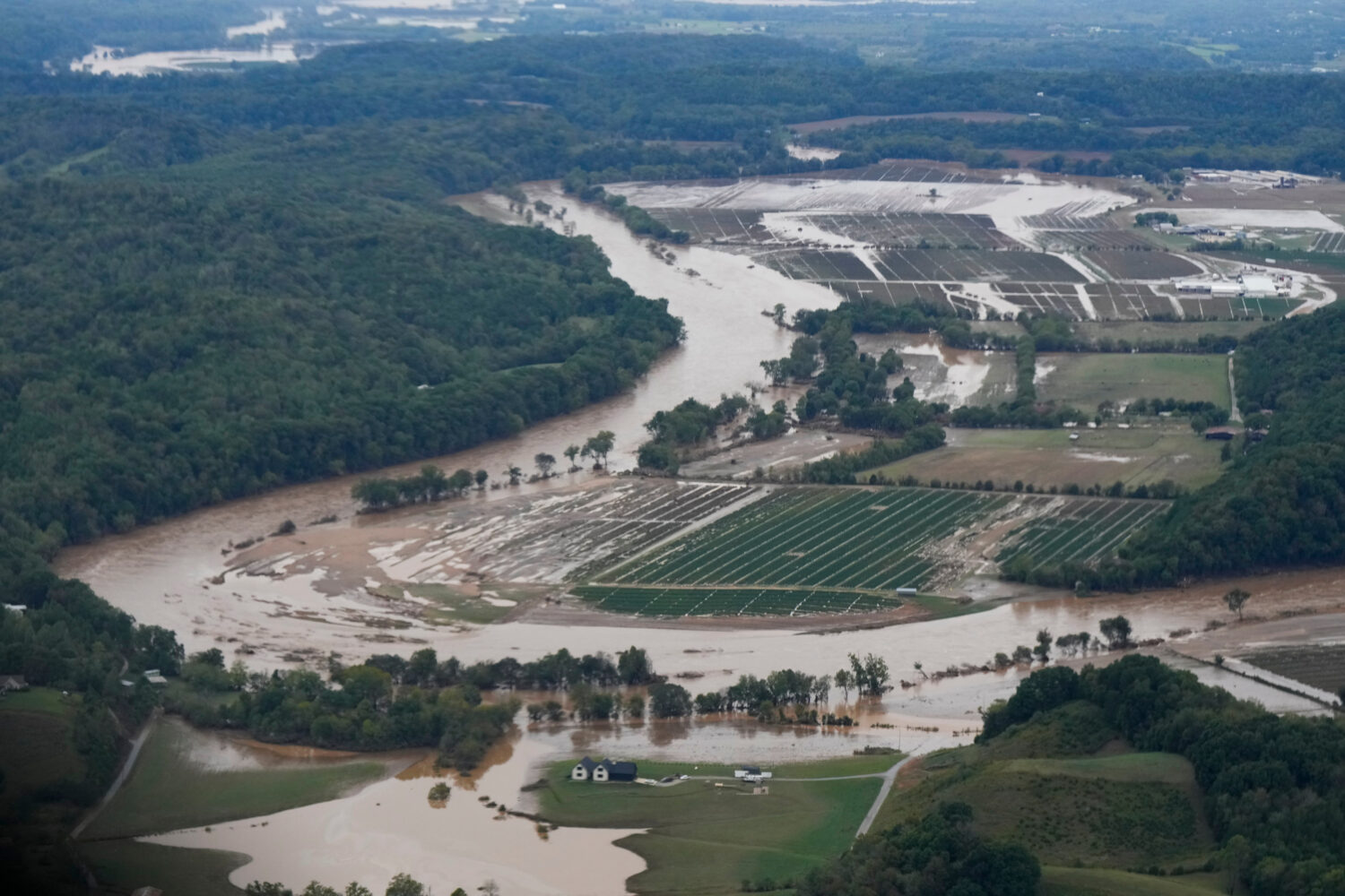 FILE - An aerial view of flood damage left in the aftermath of Hurricane Helene is seen Sept. 28, 2...