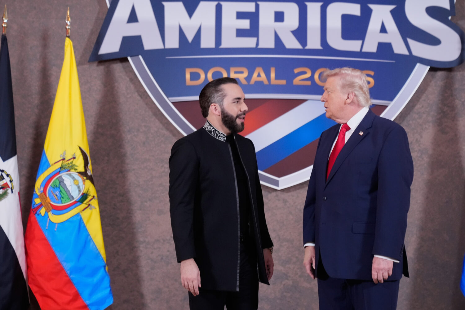 FILE - President Donald Trump greets El Salvador's President Nayib Bukele, left, at the Shield of t...