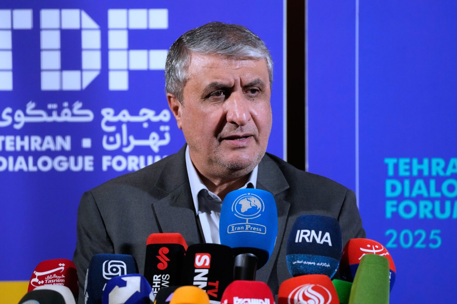 FILE - Head of Iran's Atomic Energy Organization Mohammad Eslami speaks at a news briefing in Tehra...