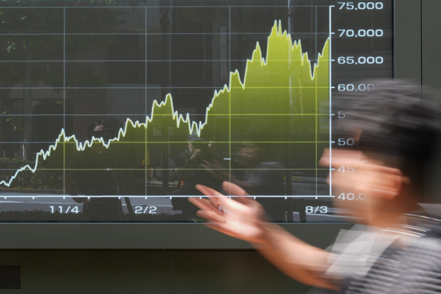 A person walk in front of an electronic stock chart board showing Japan's Nikkei index at a securit...